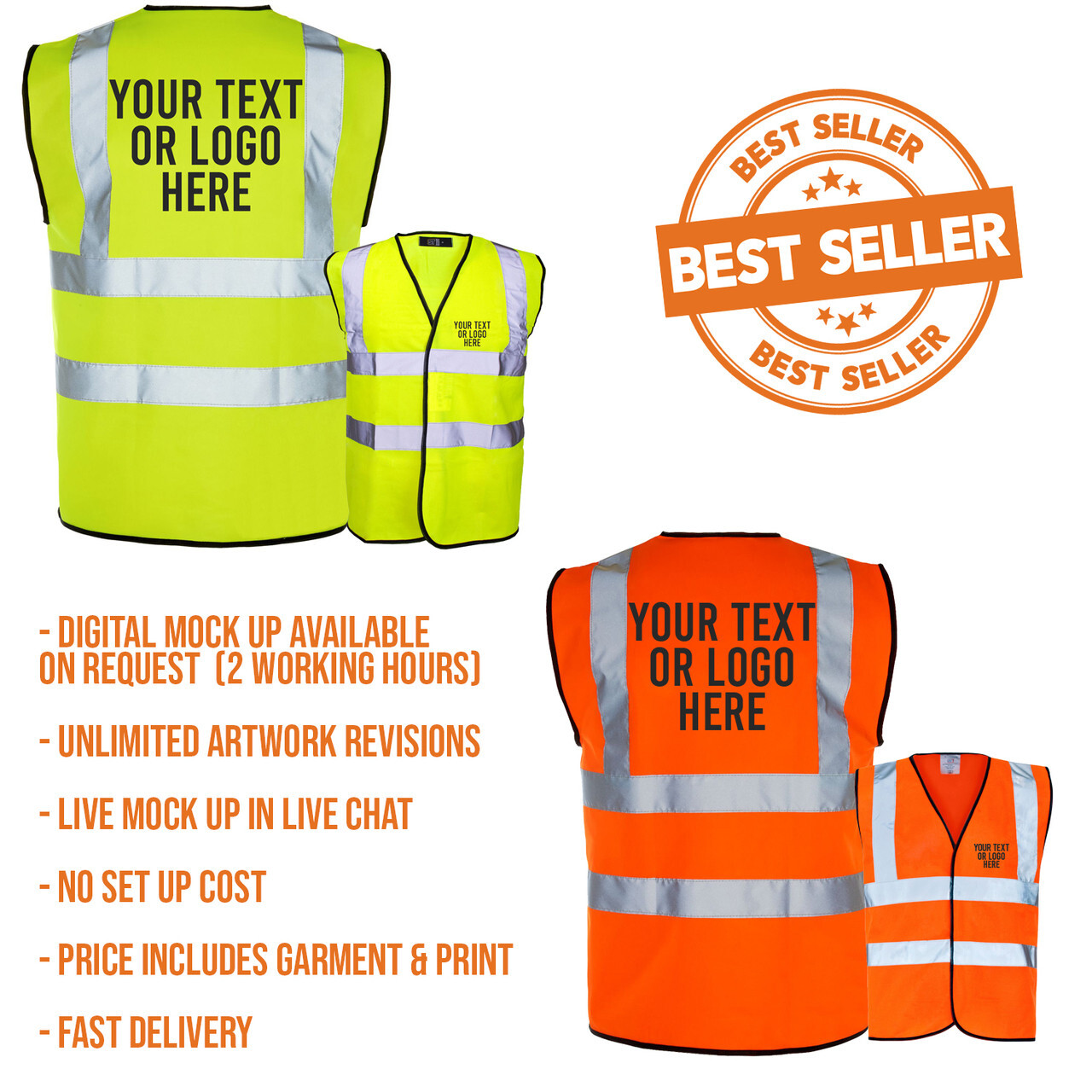 Personalised Hi-Vis Vest - Yellow or Orange with Logo/Text Print (Adults & Kids)